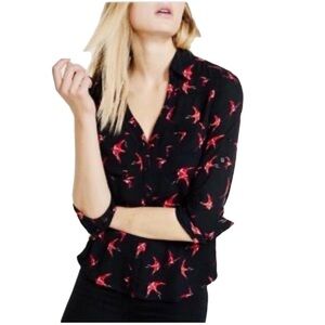 Express The Portofino Shirt Slim Fit Bird Printed Button Up Medium Black Red